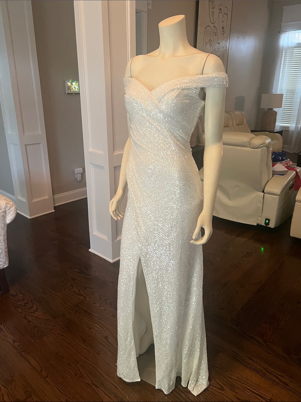 Off-Shoulder Glitter Evening Gown in White - Picture 4 of 12